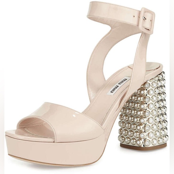 Miu Miu Shoes - Miu Miu Patent Jewel Heel Platform Sandal Nude Size 39